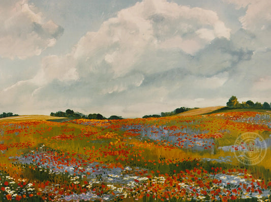 An impressionist landscape painting of a wildflower meadow under a cloudy sky, with red, orange, white, and blue flowers in the field and dark green trees on the horizon.