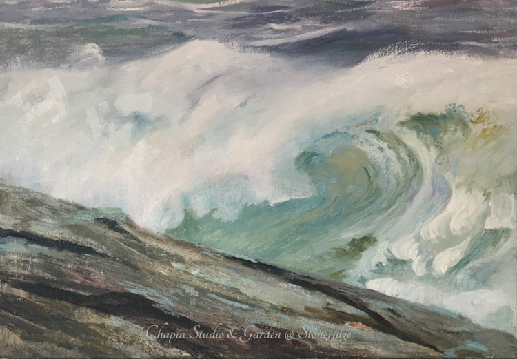 An impressionistic painting of a powerful ocean wave crashing over a rocky shore, with visible brushstrokes in white, teal, gray, and dark charcoal tones. A watermark reading 'Chapin Studio & Garden at Stonerige' appears near the bottom center.