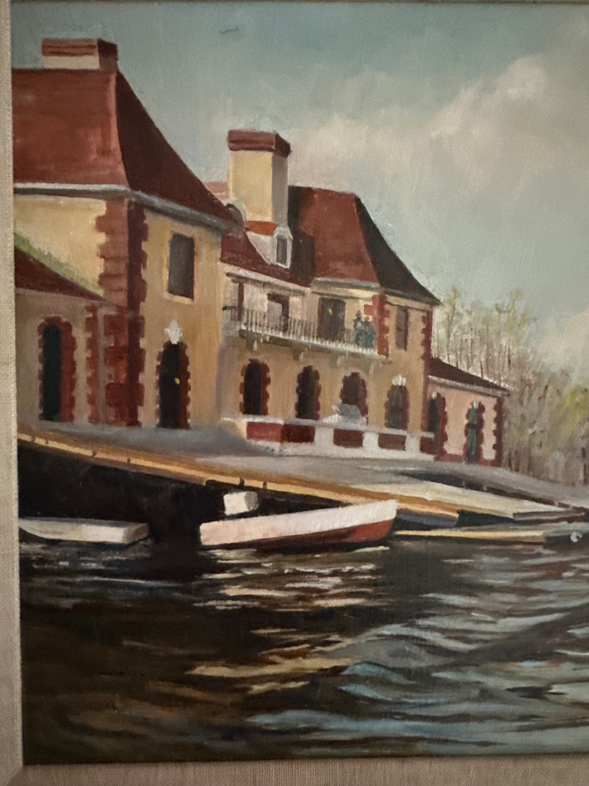 The piece depicts the Harvard Boat Club Rowers on the historic Charles River in Boston Massachusetts.  12x18 oil on linen canvas by international marine artist Deborah Chapin.  Capturing the rowing team in a quiet, anticipatory moment as they prepare to head out onto the water.  