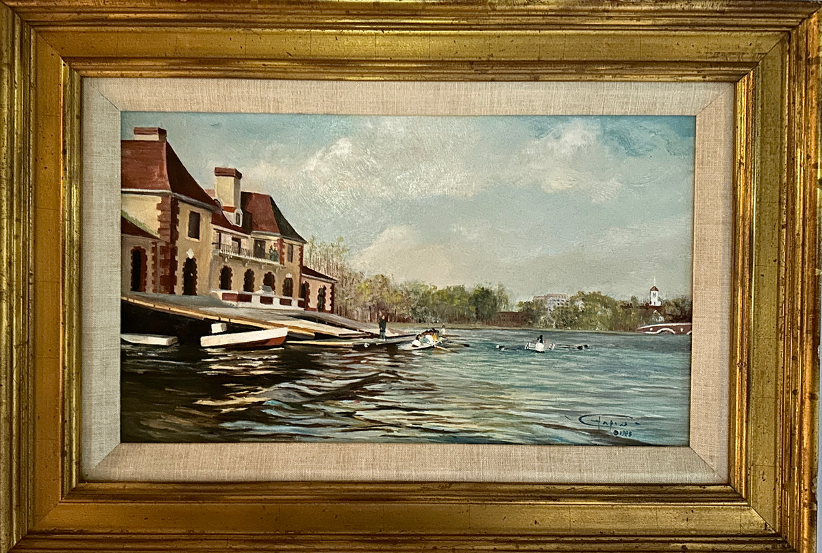 The piece depicts the Harvard Boat Club Rowers on the historic Charles River in Boston Massachusetts.  12x18 oil on linen canvas by international marine artist Deborah Chapin.  Capturing the rowing team in a quiet, anticipatory moment as they prepare to head out onto the water.  