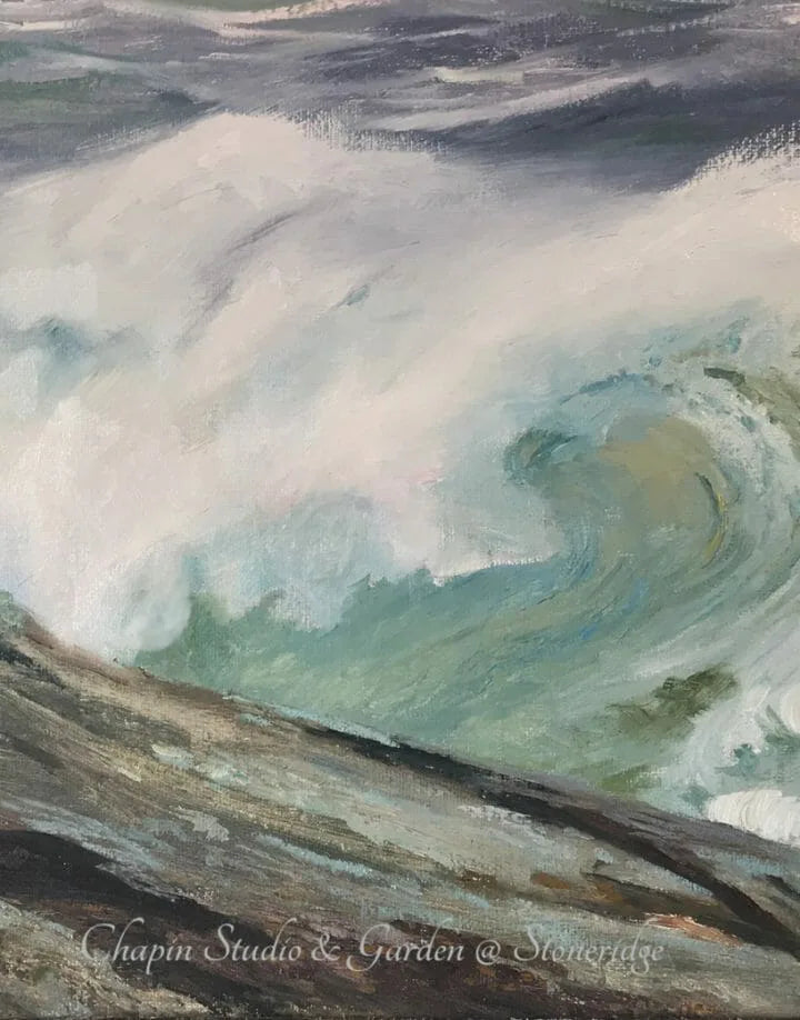 An impressionistic painting of a crashing ocean wave with white foam, green-blue water, and dark rocky foreground. A cursive watermark at the bottom reads 'Chapin Studio & Garden @ Stoneridge'.