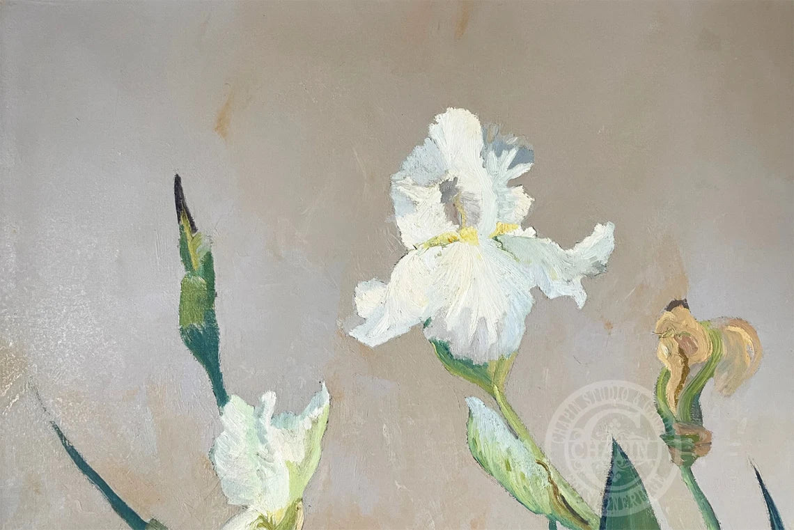 An impressionistic painting of white irises with green stems and buds against a textured lavendar gray background.