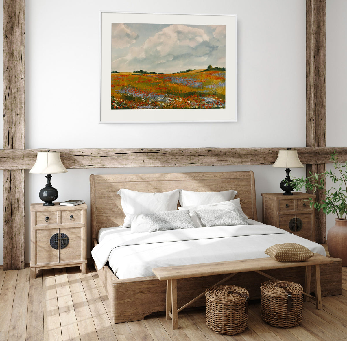Original poppies and coneflowers lithograph print in a rustic country cottage room setting by Debbie's Decor.  Shop Now.
