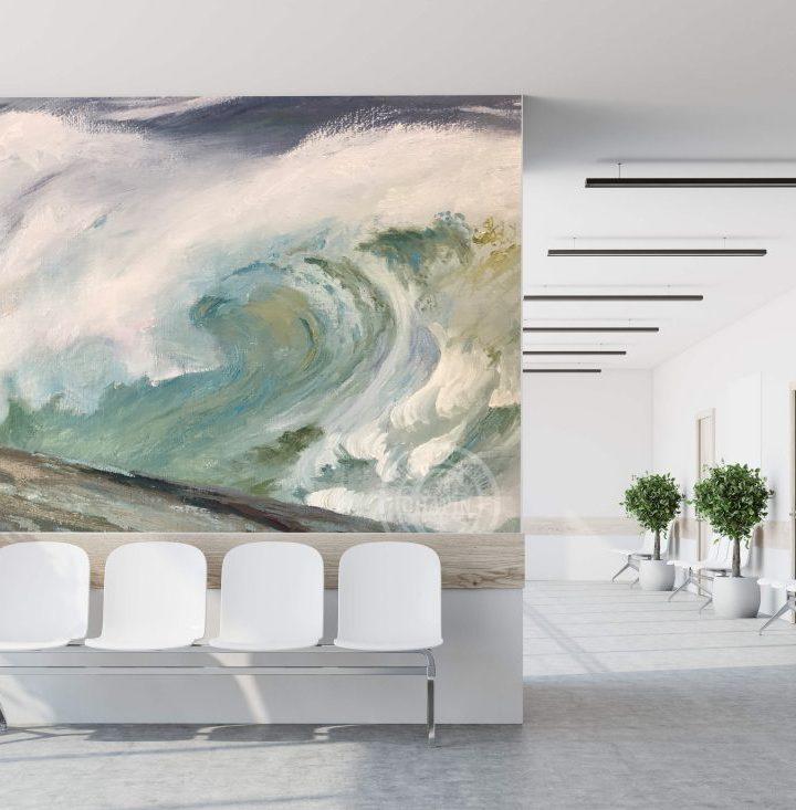 A large wall mural depicting a dramatic ocean wave in swirling shades of green, white, and gray, displayed in a modern white interior space with minimalist chairs and potted plants.